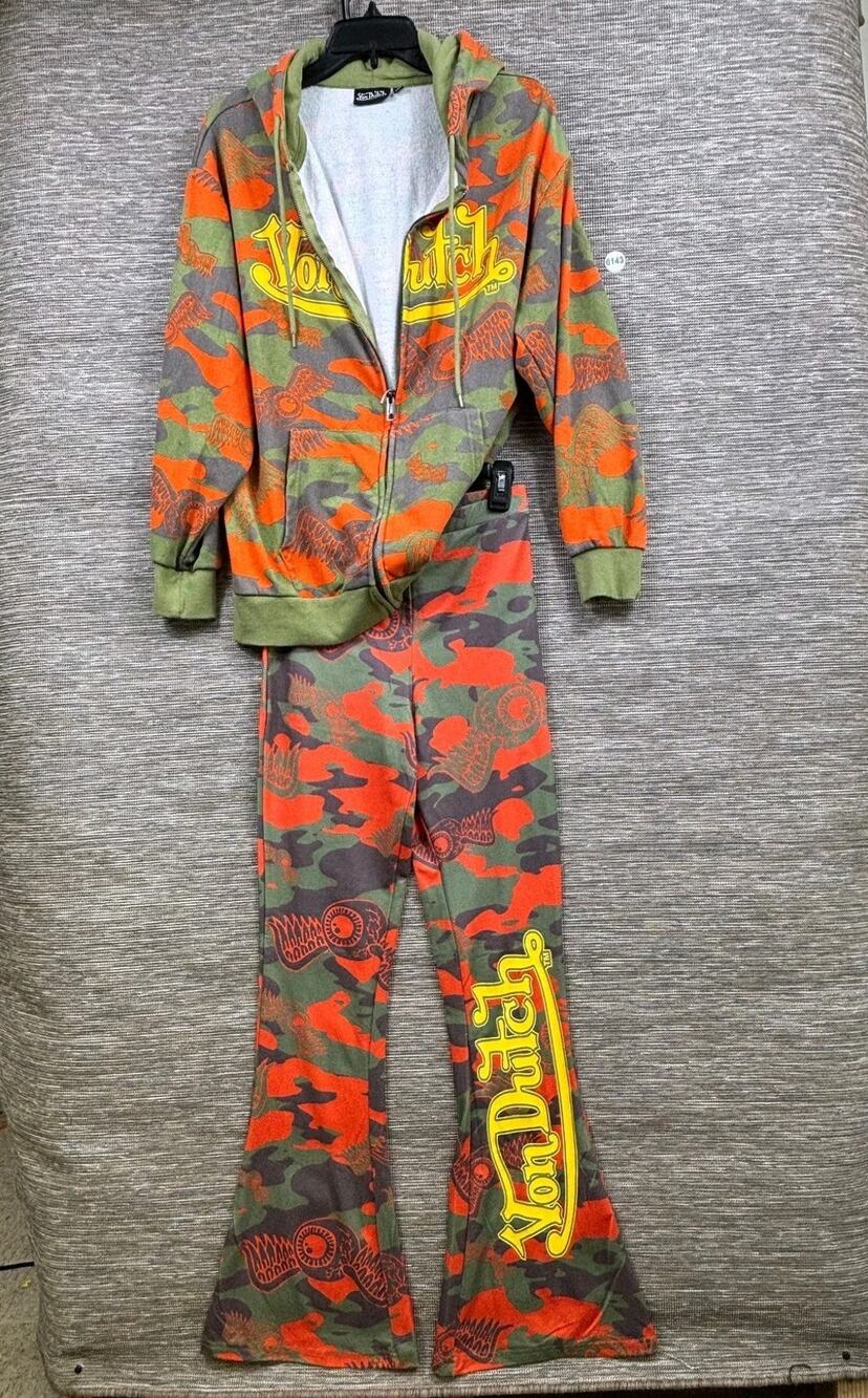 Von Dutch Track Suit Womens Camo Hoodie Flare Pants Graphic Logo Set *Size M/L